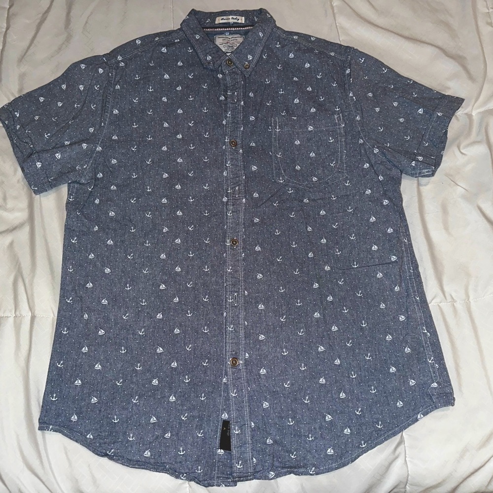 On The Road, Large Slim Fit, Light Blue/Grey Short Sleeve Button Up
